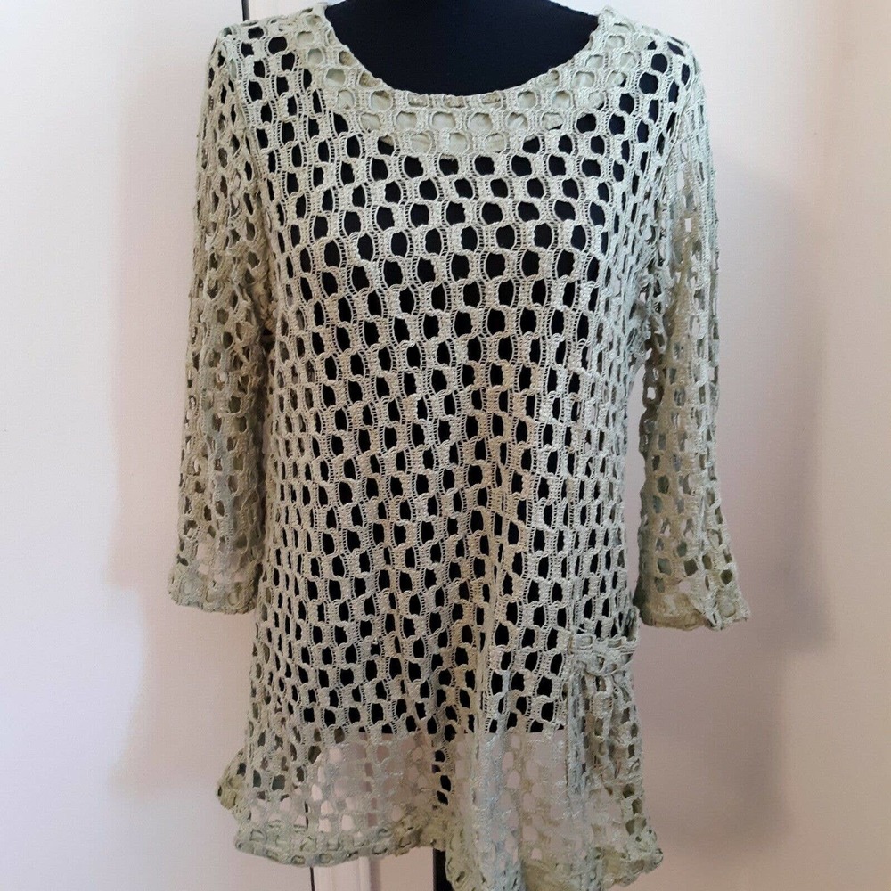 KAKTUS Women's Crochet Open Knit Pullover Topper Boho Hippie Moss Green Size XL